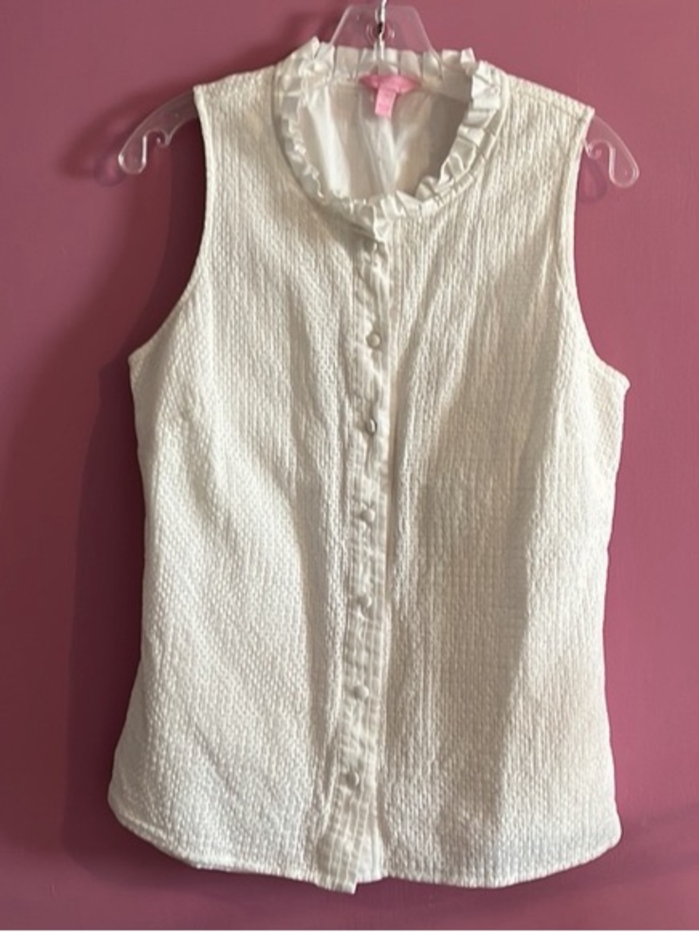 Lilly Pulitzer White Sleeveless Ruffled Collar Button Front Top